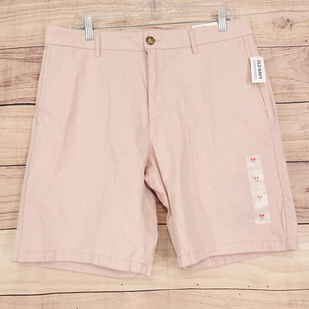 New! Old Navy Shorts Mens 34 Pink Striped Chino Slim Stretch 9 Inseam Casual
